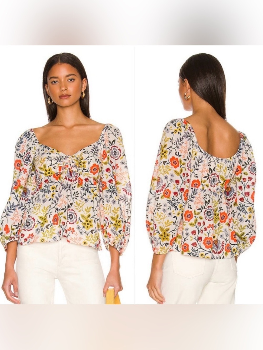 Velvet by Graham & Spencer White Multi Floral Peasant Top size S - Picture 3 of 11